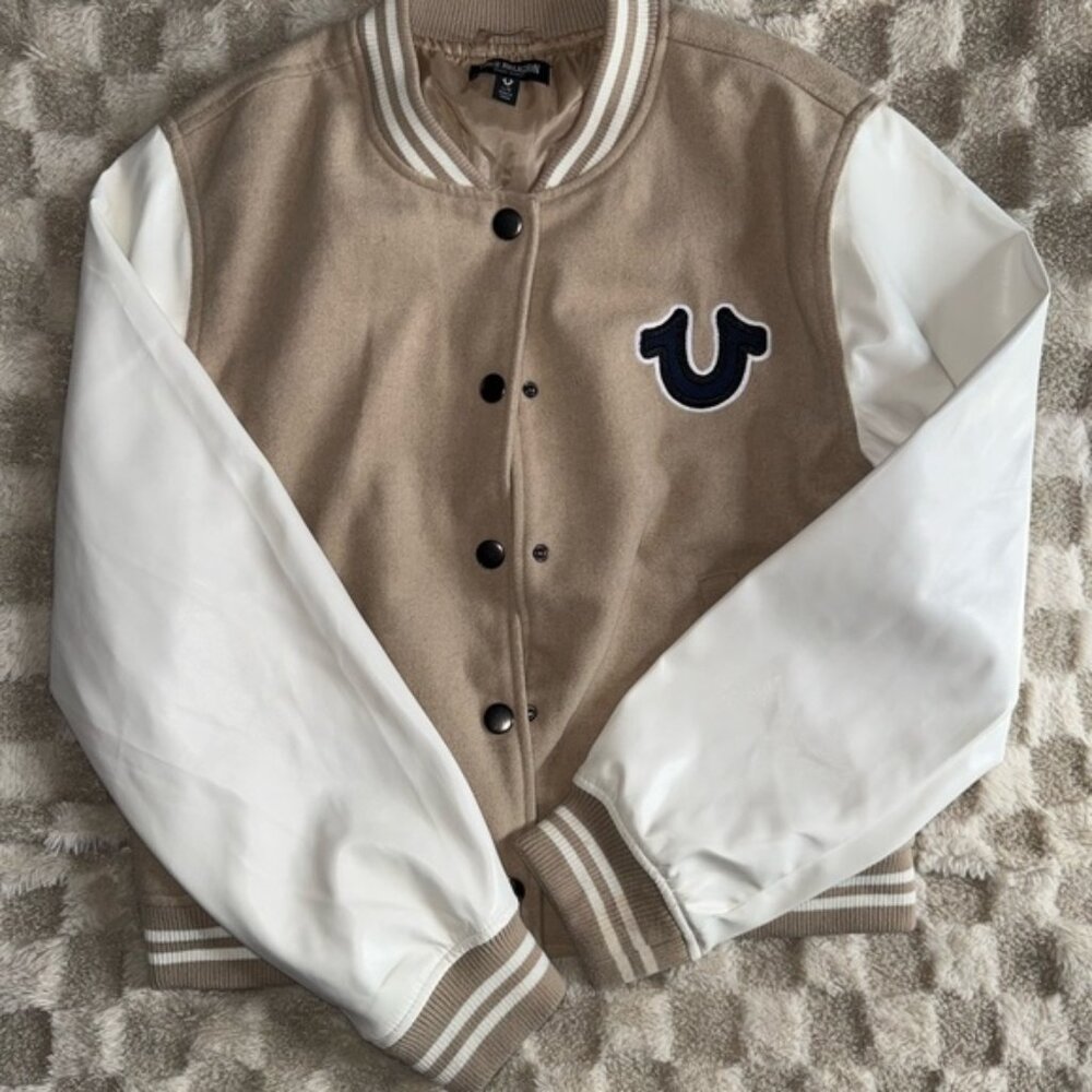 True religion Tan and White Varsity Jacket Large
